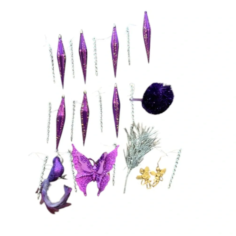 Lot Of 25 Plastic Christmas Tree Ornaments Silver Gold Purple Bird Butterfly